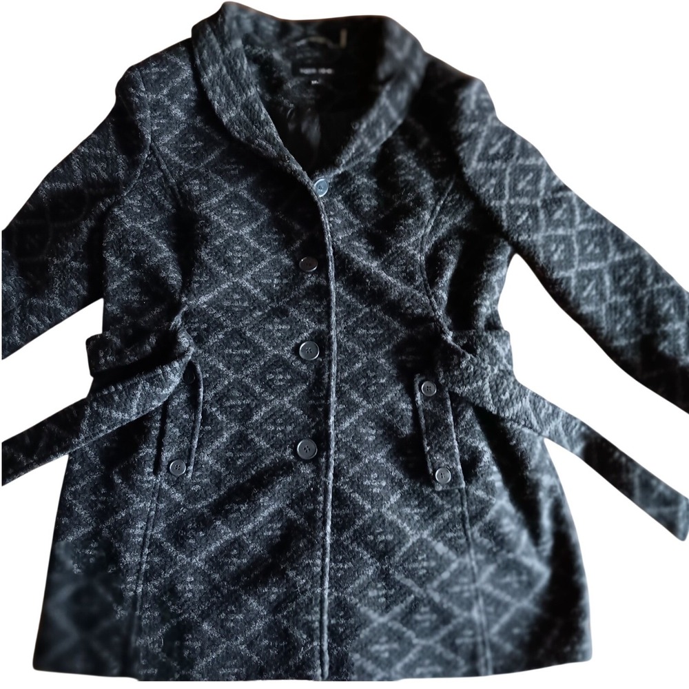 Black Rivet Women's XXL Geometric Pattern Wool Blend‎ Coat Belted Grey